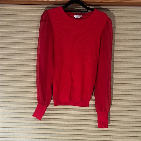 Carmen Marc Valvo Vibrant Red Sweater with Sheer Sleeves - Picture 2 of 4